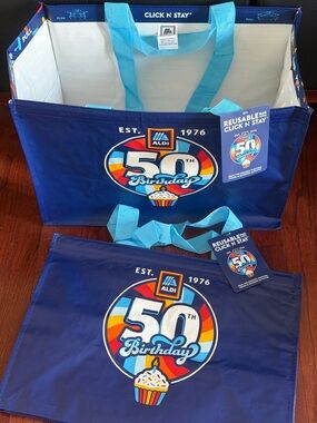 Set of TWO Aldi Gear 50th Birthday Bag reusable tote grocery XL click n stay NEW